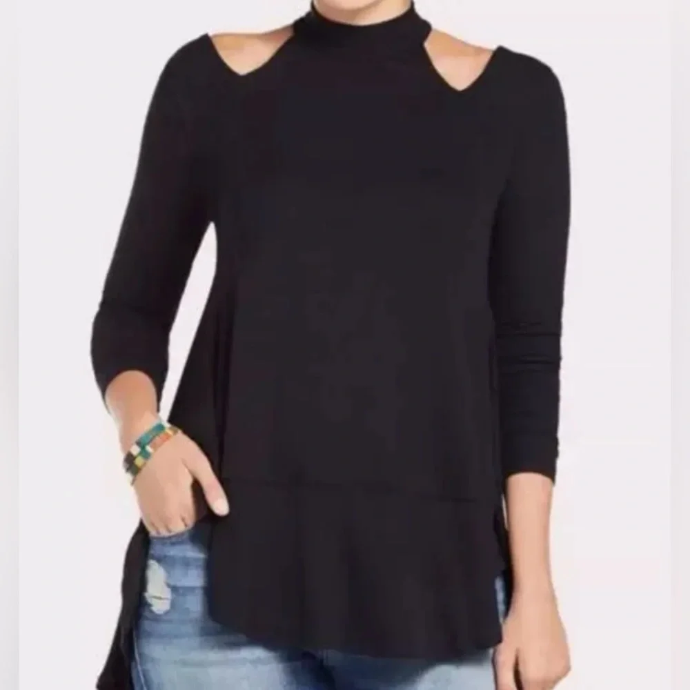Free People Downtown Girl Black Cut Out Flowy Mock Turtleneck S - Picture 2 of 13